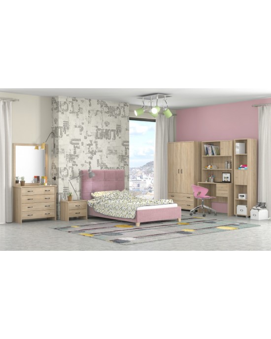 set-No64-latte-90-pink Children's Room Set Latte / Fabric Pink 8pcs with Bed for Mattress 90x190cm.
