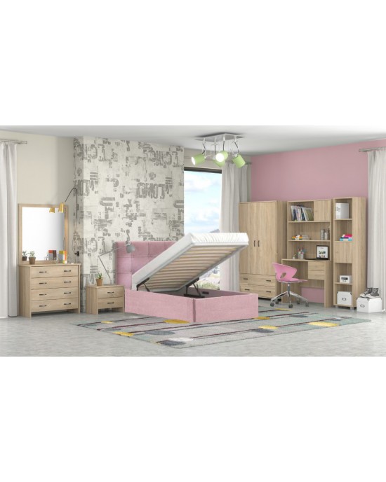 set-No64--mp-latte-110-pink Children's Room Set Latte / Fabric Pink 8pcs with Bed for Mattress 110x190cm.