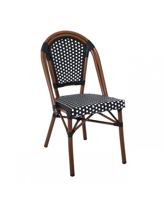 Ε291,1 PARIS Καρέκλα Bistro, Αλουμίνιο Καρυδί, Wicker Μαύρο - Άσπρο, Στοιβαζόμενη 46x54x88cm