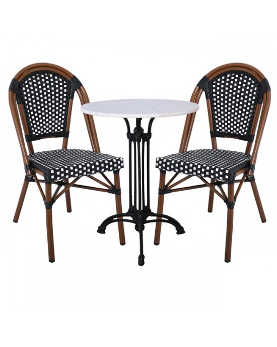 Ε291,1 PARIS Καρέκλα Bistro, Αλουμίνιο Καρυδί, Wicker Μαύρο - Άσπρο, Στοιβαζόμενη 46x54x88cm