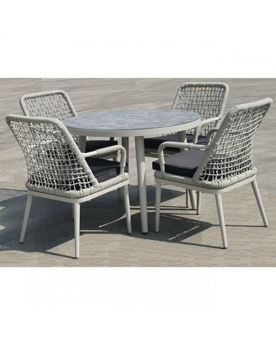 Ε6841 CENTRAL Set Alu Table D100cm+4 Armchairs Light Grey/Cushion Anthracite