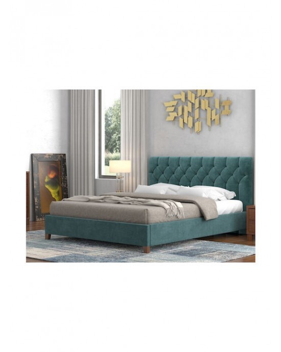 N63-yf-blue-160 No63 Double Bed (for mattress 160x200) Fabric Blue/Walnut Wood
