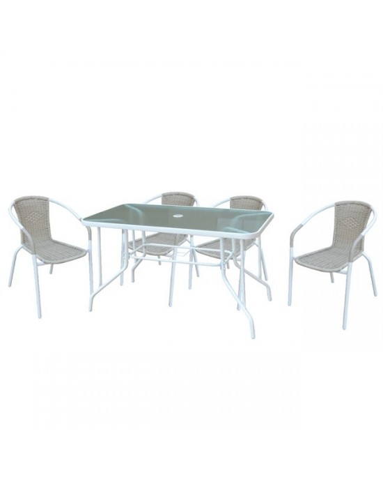 Ε240,2 BALENO Set (Table 110x60cm+4 Armchairs) Steel White/Beige Wicker