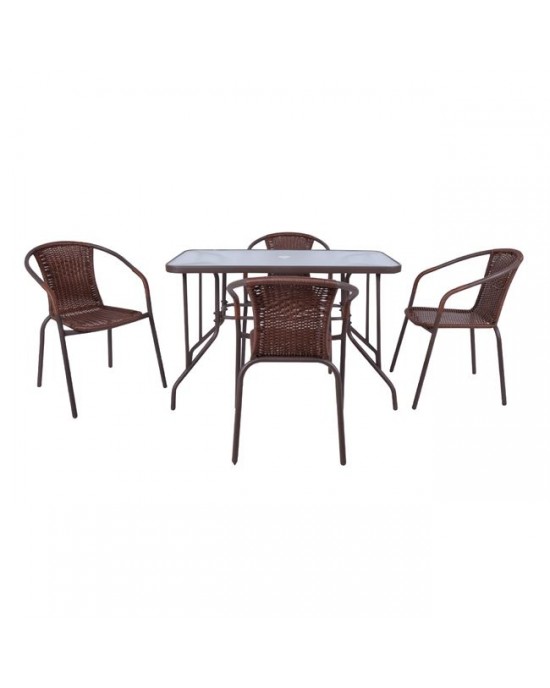 Ε240,3 BALENO Set (Table 110x60cm+4 Armchairs) Steel/Wicker Brown