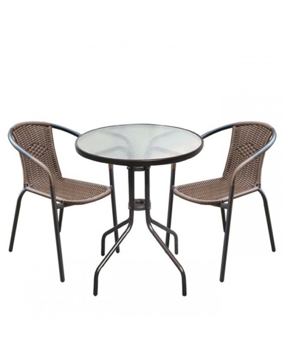 Ε240 BALENO Set (Table D60cm+2 Armchairs) Steel Brown/Wicker Brown