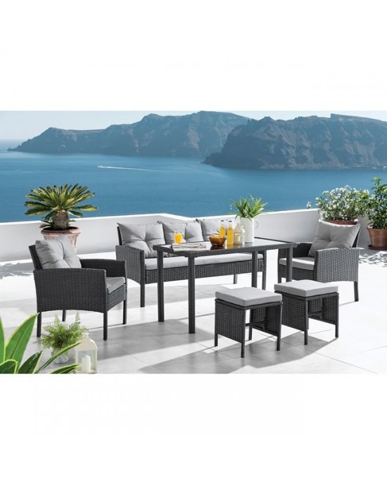 Ε6866 SANTO Set Steel(Table+Sofa 3S+2 Armchairs+2 Stool)Wicker Dark Grey/Cushions Grey