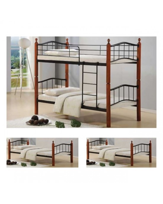 Ε8038 BUTTON Double Deck Bed 90x200 Metal Black/Wood Walnut