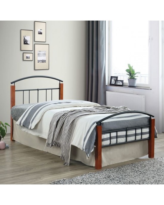 Ε8300 DOKA Single Bed, for Mattress 90x200cm, Metal Paint Black - Wood Walnut Shade