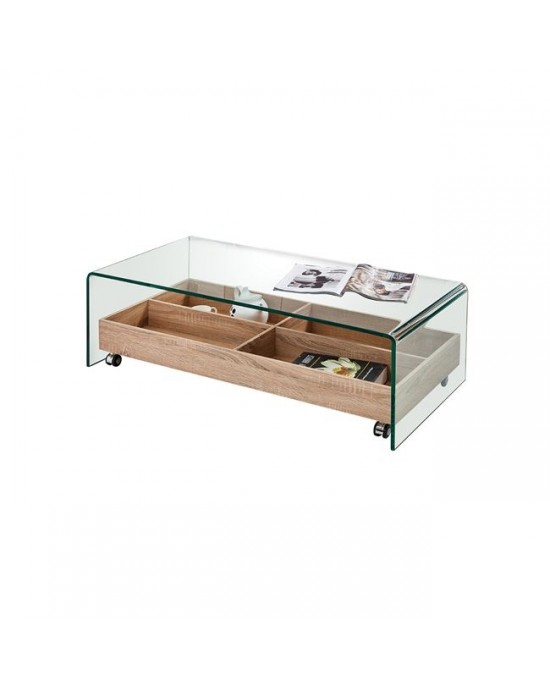 ΕΜ842 GLASSER Wood Coffee Table with Tray 110x55x35cm Clear 12mm Glass/Sonoma