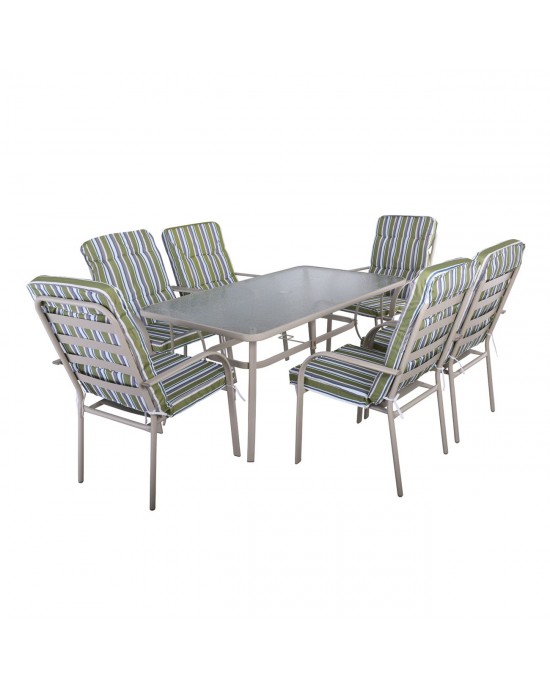 Ε5151,S2 ASTOR Set (6 Chairs/Cushion Stripe+Table 150x90) Steel Ecru-Table:150x90x75 Chair60x77x104