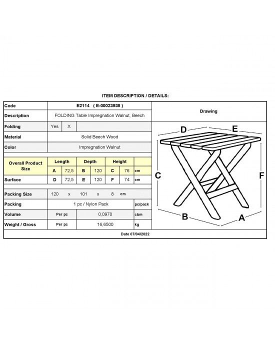 Ε2114 FOLDING Table 75x120 Impregnation Walnut, Beech
