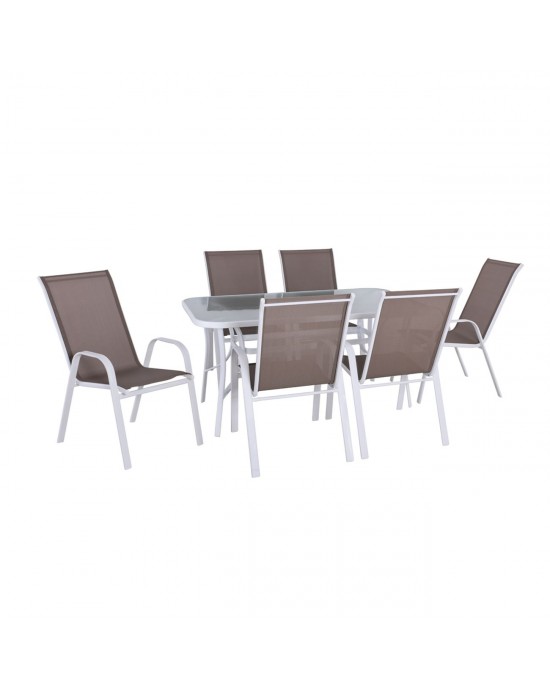 Ε250,2L RIO Set Τραπεζαρία Κήπου Άσπρο Μέταλλο,Textilene Cappuccino : Τραπέζι+6 Πολυθρόνες  Table:150x90x71 Armch:55x74x91