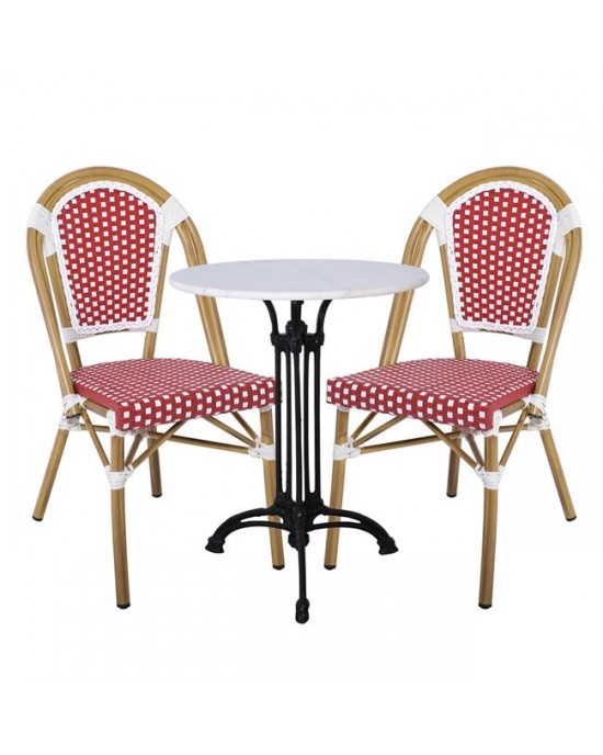 Ε291,2 PARIS Καρέκλα Bistro, Αλουμίνιο Φυσικό, Wicker Άσπρο - Κόκκινο, Στοιβαζόμενη 46x54x88cm