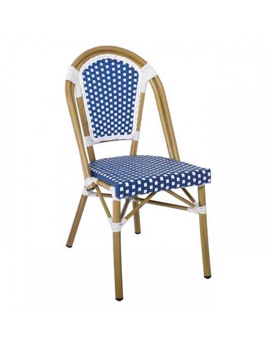 Ε291,3 PARIS Καρέκλα Bistro, Αλουμίνιο Φυσικό, Wicker Άσπρο - Μπλέ, Στοιβαζόμενη 46x54x88cm